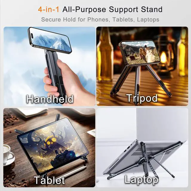 Alt view image 2 of 7 - 4-in-1 Foldable Laptop Stand, Portable Magnetic Phone Holder | N55 Magnets MagSafe Compatible, Pocket-Sized Tripod Handle for MacBook, iPad, Travel & Vlog, Adjustable Ergonomic View Mount