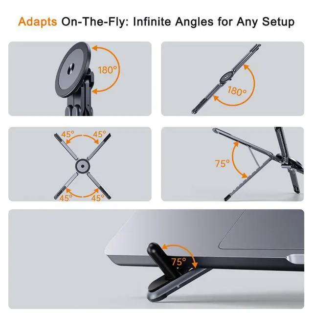 Alt view image 7 of 7 - 4-in-1 Foldable Laptop Stand, Portable Magnetic Phone Holder | N55 Magnets MagSafe Compatible, Pocket-Sized Tripod Handle for MacBook, iPad, Travel & Vlog, Adjustable Ergonomic View Mount