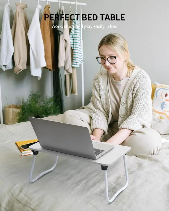 Alt view image 2 of 6 - Foldable Lap Desk Laptop Stand Bed Desk Table Tray, Breakfast Serving Tray, Portable & Lightweight Mini Table, Lap Tablet Desk for Sofa Couch Floor - White