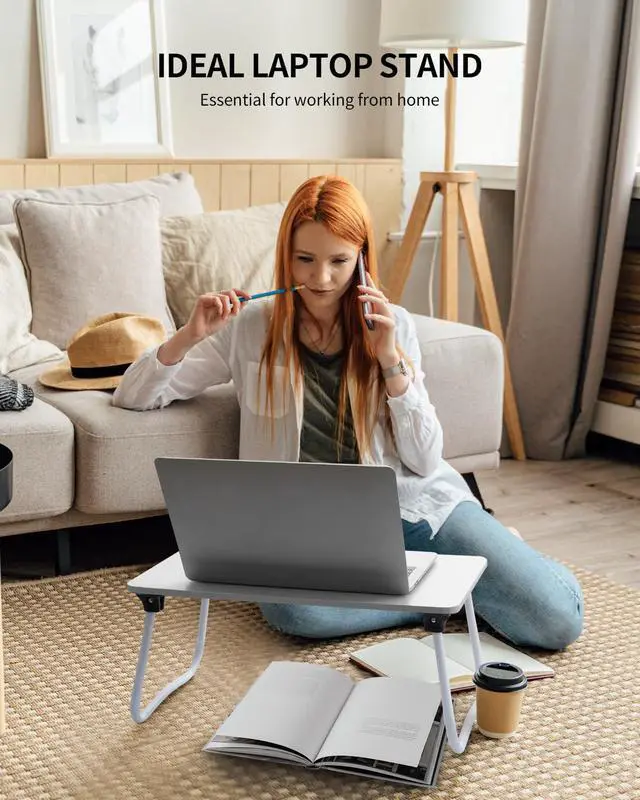 Alt view image 3 of 6 - Foldable Lap Desk Laptop Stand Bed Desk Table Tray, Breakfast Serving Tray, Portable & Lightweight Mini Table, Lap Tablet Desk for Sofa Couch Floor - White