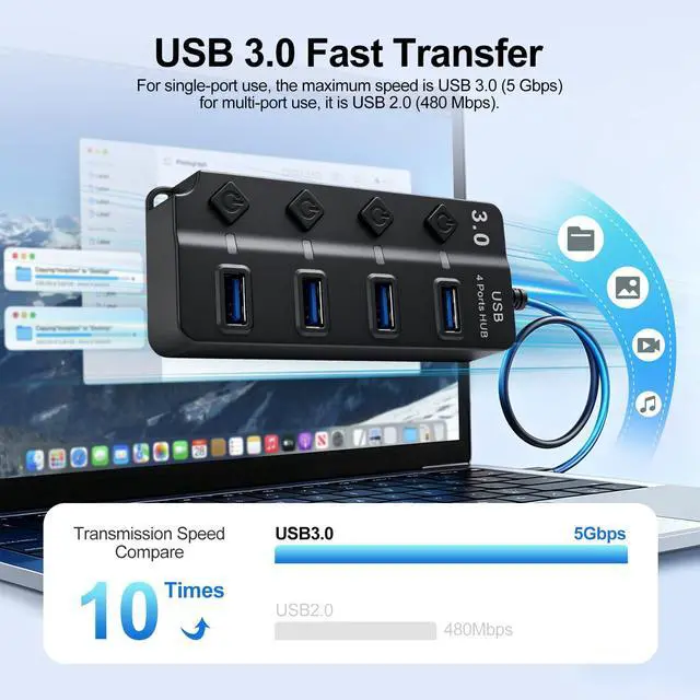 Alt view image 2 of 7 - 4-Port USB 3.0 Hub with Independent Power Switch