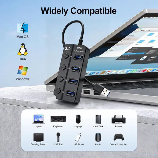 Alt view image 6 of 7 - 4-Port USB 3.0 Hub with Independent Power Switch