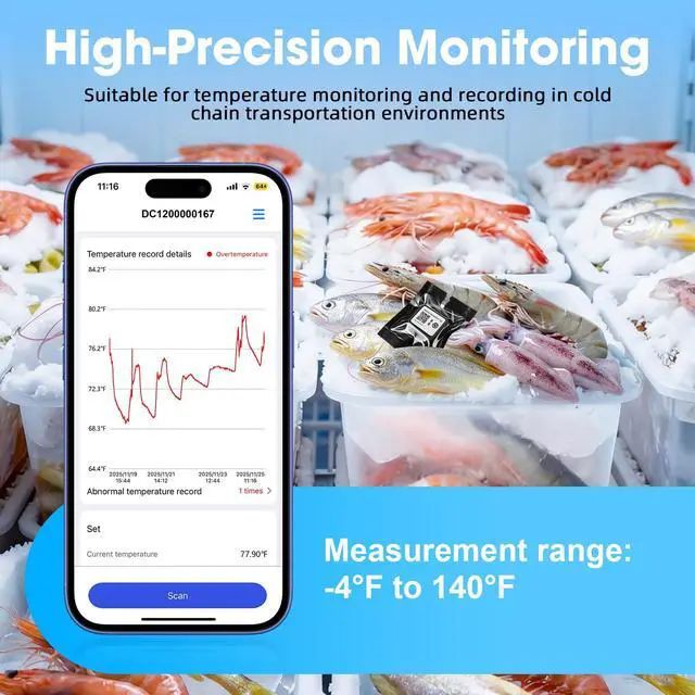 Alt view image 2 of 7 - TempLabel - Wireless Temperature Monitor for Cold Chain, iPhone Compatible, High Precision (-4°F to 140°F), 14-Day Battery, IP68 Waterproof (6 Pack)