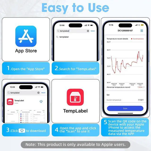Alt view image 4 of 7 - TempLabel - Wireless Temperature Monitor for Cold Chain, iPhone Compatible, High Precision (-4°F to 140°F), 14-Day Battery, IP68 Waterproof (6 Pack)