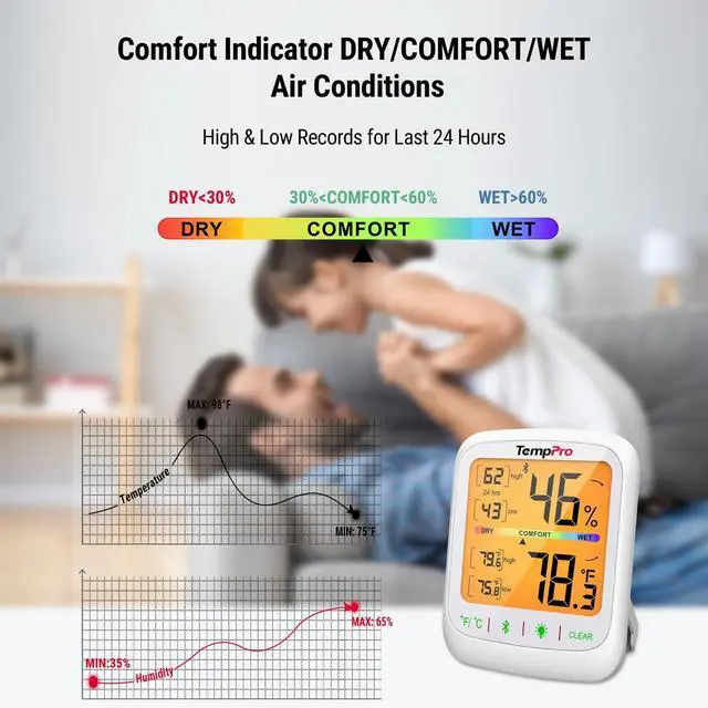 Alt view image 6 of 7 - TempAir Bluetooth Hygrometer Thermometer with Large Backlit LCD
