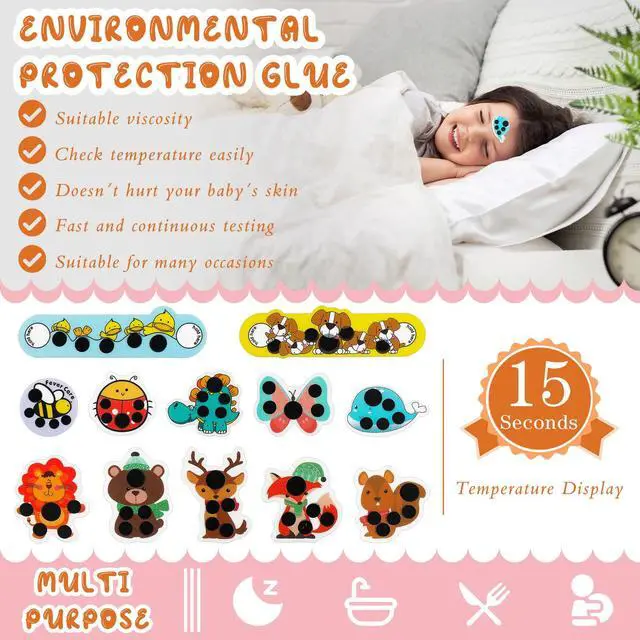 Alt view image 4 of 7 - 12 Pcs Stick-on Fever Stickers Forehead Temperature Monitoring Patch Cartoon Stickers Thermometer Strips for Kids