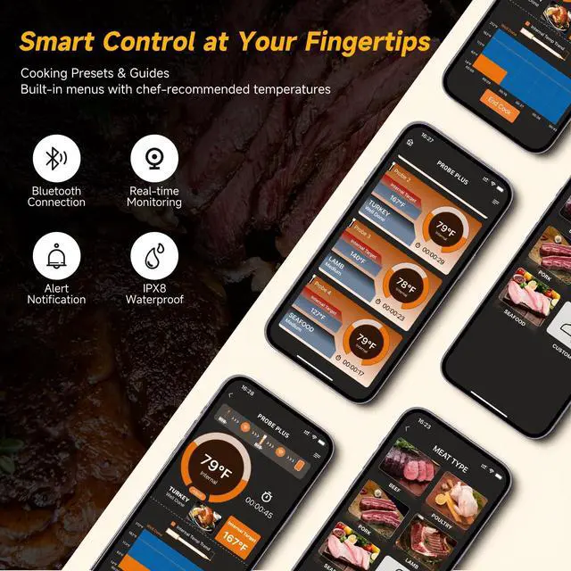 Alt view image 2 of 7 - Wireless Meat Thermometer Digital, Long-Range Bluetooth Cooking Thermometer, Remote Tracking & Real-Time Readings for BBQ, Smoker, Air Fryer, Ideal Gift for Home Chef, Pitmaster, Griller