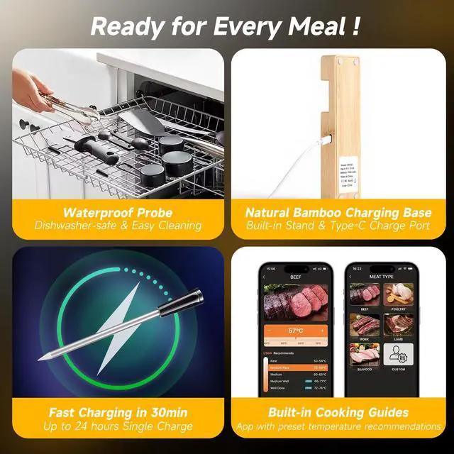 Alt view image 6 of 7 - Wireless Meat Thermometer Digital, Long-Range Bluetooth Cooking Thermometer, Remote Tracking & Real-Time Readings for BBQ, Smoker, Air Fryer, Ideal Gift for Home Chef, Pitmaster, Griller