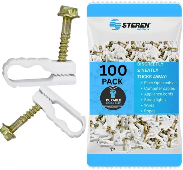 Main image of Coaxial Cable Clips - Cable Holder - Wire Clips - Siding Clips for Hanging - Cord Holder for Desk - Cable Clamps (White, 100 Count - Dual Screw)