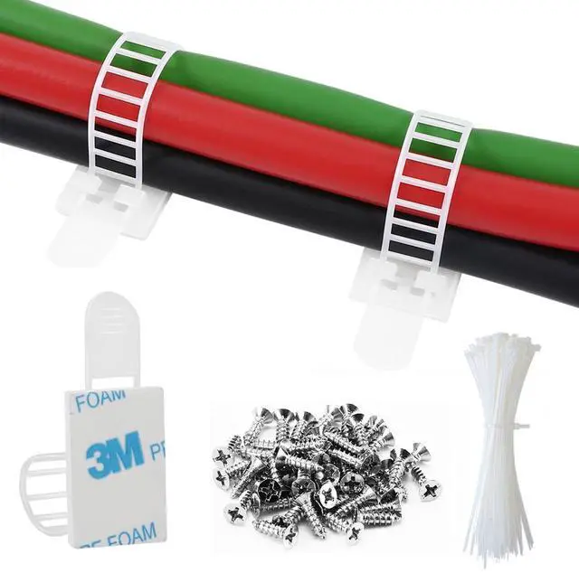 Main image of 50Pcs Adhesive Cable Management Clips with 50Pcs Zip Ties, Adjustable Nylon Cable Strap Ties Wire Clips Clamps Organizer, Extra Screw & Hole - 3.35 Inch White