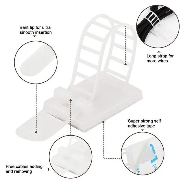 Alt view image 3 of 7 - 50Pcs Adhesive Cable Management Clips with 50Pcs Zip Ties, Adjustable Nylon Cable Strap Ties Wire Clips Clamps Organizer, Extra Screw & Hole - 3.35 Inch White