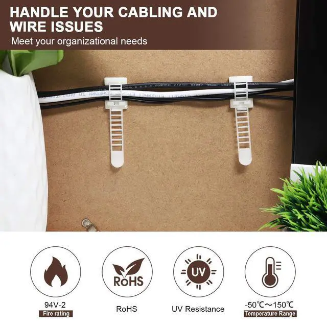 Alt view image 2 of 7 - 50Pcs Adhesive Cable Management Clips with 50Pcs Zip Ties, Adjustable Nylon Cable Strap Ties Wire Clips Clamps Organizer, Extra Screw & Hole - 3.35 Inch White