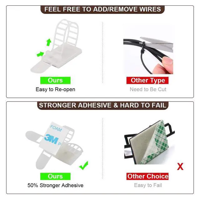 Alt view image 4 of 7 - 50Pcs Adhesive Cable Management Clips with 50Pcs Zip Ties, Adjustable Nylon Cable Strap Ties Wire Clips Clamps Organizer, Extra Screw & Hole - 3.35 Inch White