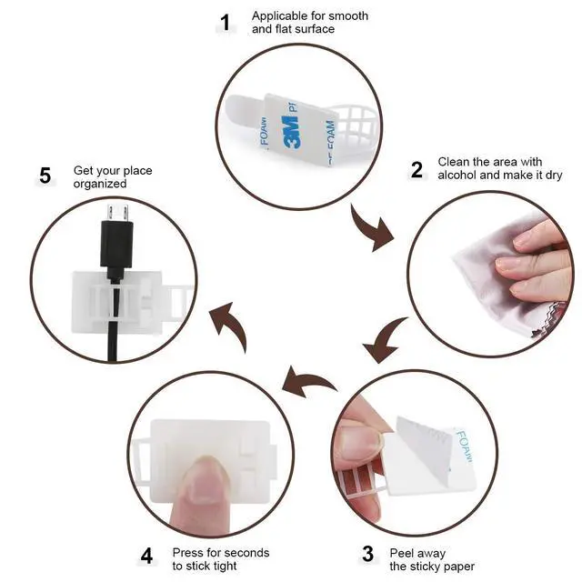 Alt view image 5 of 7 - 50Pcs Adhesive Cable Management Clips with 50Pcs Zip Ties, Adjustable Nylon Cable Strap Ties Wire Clips Clamps Organizer, Extra Screw & Hole - 3.35 Inch White