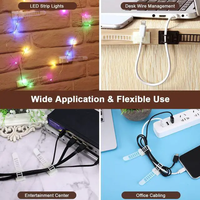 Alt view image 6 of 7 - 50Pcs Adhesive Cable Management Clips with 50Pcs Zip Ties, Adjustable Nylon Cable Strap Ties Wire Clips Clamps Organizer, Extra Screw & Hole - 3.35 Inch White