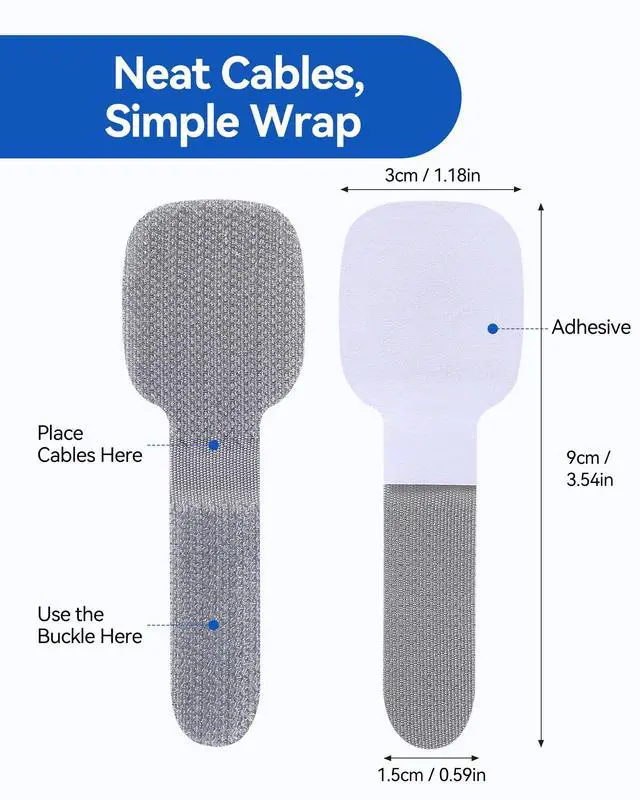 Alt view image 2 of 7 - 80Pcs Self-Adhesive Cable Ties, Hook and Loop Cable Straps, Gray