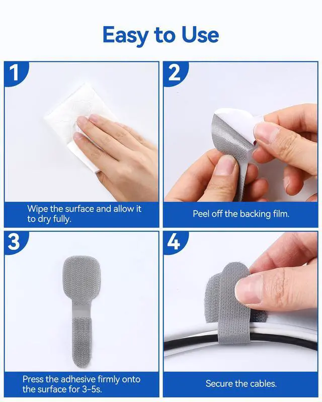 Alt view image 6 of 7 - 80Pcs Self-Adhesive Cable Ties, Hook and Loop Cable Straps, Gray