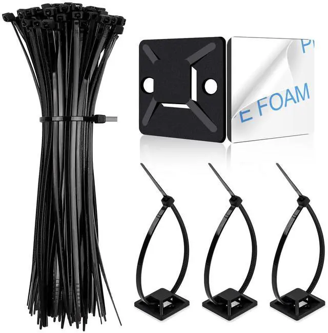 Main image of 1 in Adhesive Zip Tie Mounts with 8 in Zip Ties, black 100 Sets