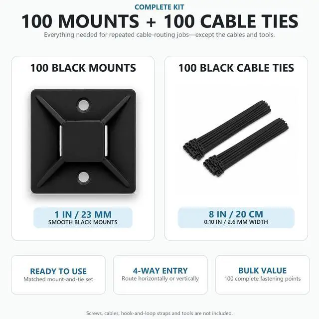Alt view image 2 of 7 - 1 in Adhesive Zip Tie Mounts with 8 in Zip Ties, black 100 Sets