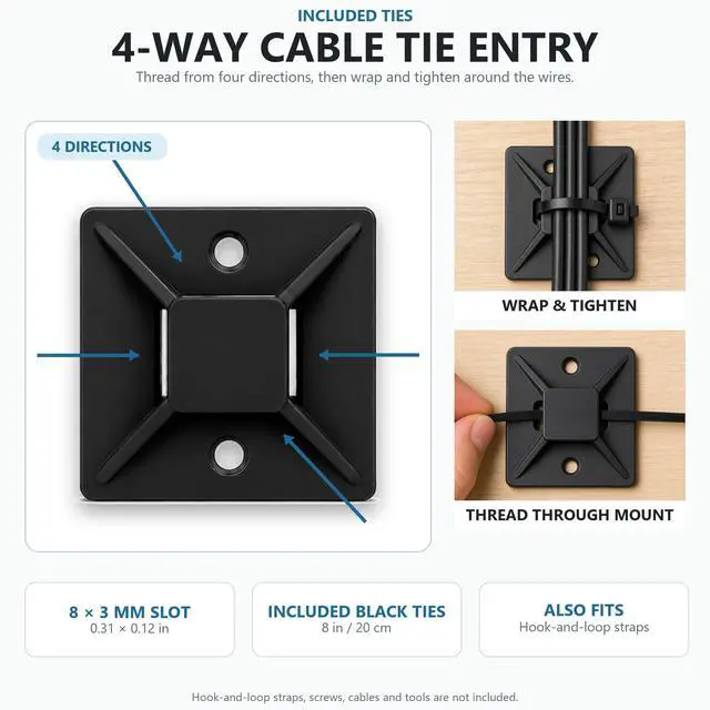 Alt view image 4 of 7 - 1 in Adhesive Zip Tie Mounts with 8 in Zip Ties, black 100 Sets