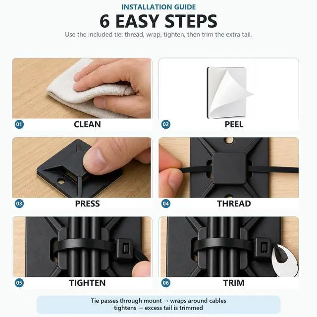 Alt view image 5 of 7 - 1 in Adhesive Zip Tie Mounts with 8 in Zip Ties, black 100 Sets
