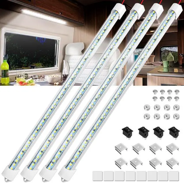 Main image of 4PCS 12V LED Interior Light Bar, Super Bright 6500K 12V LED Light Strip Lights with Switch and Magnets, 48 LEDs 700LM Enclosed Trailer Lamp for Car Truck Camper Van RV, White