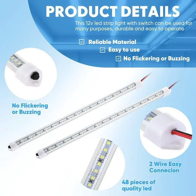 Alt view image 3 of 7 - 8 Pcs 12V Interior LED Light Bar for Car LED Light with Switch and Magnets Strip White 12V Lighting for Indoor Room Home Car Cargo Truck Trailer Van