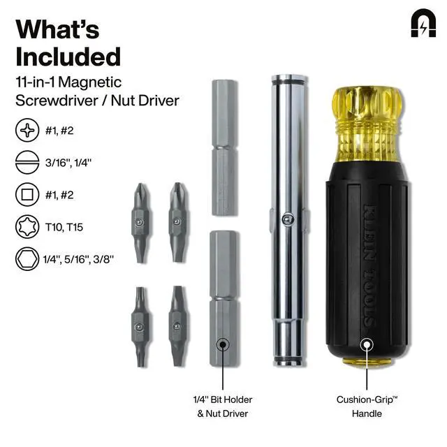 Alt view image 2 of 7 - 32500MAG Magnetic Multi-Bit Screwdriver / Nut Driver, 11-in-1 Multi Tool with 8 Bits, 3 Nut Driver Sizes, Cushion Grip Handle