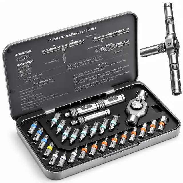 Main image of The Original Patented Screwdriver Set 24 in 1 Magnetic Ratchet with Precision BitsIdeal for Home Repairs, DIY Projects,and ElectronicsErgonomic Rotatable Ratchet Handle and Storage CaseHoliday Gift