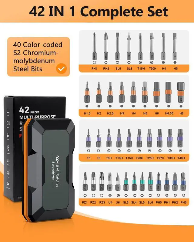 Alt view image 6 of 7 - Ratchet Screwdriver Set, 42 in 1 Magnetic Screwdriver Kit with T Handle, Repair Tool Kit with 40 PCS Precision Bits, Portable Storage Case for Home Appliances, Bicycle, DIY