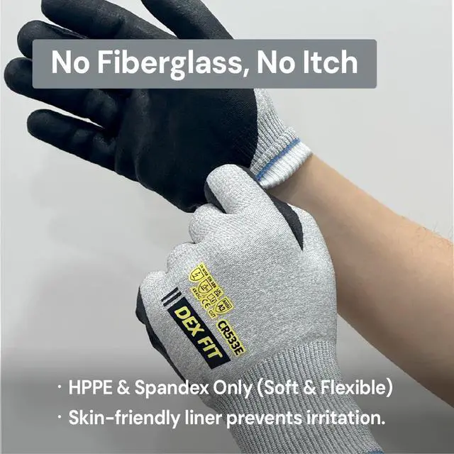 Alt view image 4 of 7 - Cut Resistant Work Gloves Fiberglass-Free No Itch Safety Gloves for Men Women, Anti-Static ESD Safe, Touchscreen, Thin Foam Nitrile Grip; CR533E A3 Gray, XL (10), 1 Pair