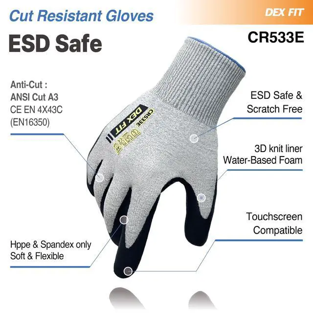 Alt view image 2 of 7 - Cut Resistant Work Gloves Fiberglass-Free No Itch Safety Gloves for Men Women, Anti-Static ESD Safe, Touchscreen, Thin Foam Nitrile Grip; CR533E A3 Gray, XL (10), 1 Pair