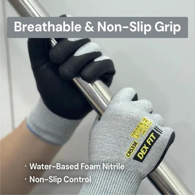 Alt view image 7 of 7 - Cut Resistant Work Gloves Fiberglass-Free No Itch Safety Gloves for Men Women, Anti-Static ESD Safe, Touchscreen, Thin Foam Nitrile Grip; CR533E A3 Gray, XL (10), 1 Pair