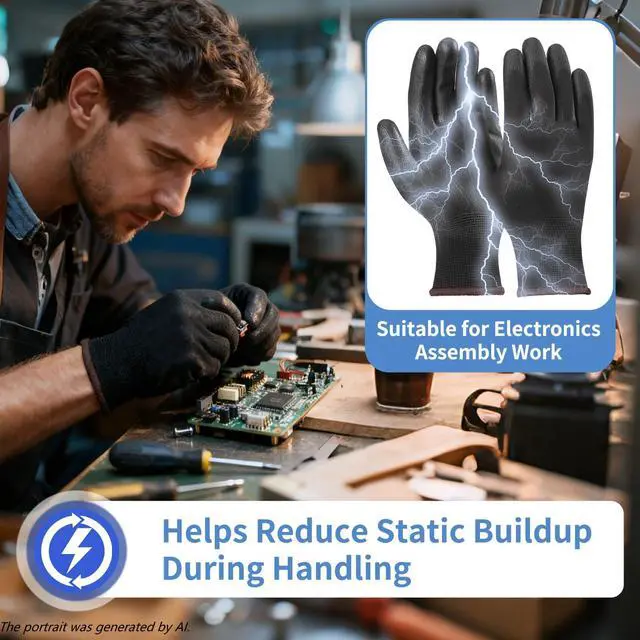 Alt view image 3 of 6 - Anti Static Gloves 6 Pairs, Medium, PU Coated, for Electronics Work