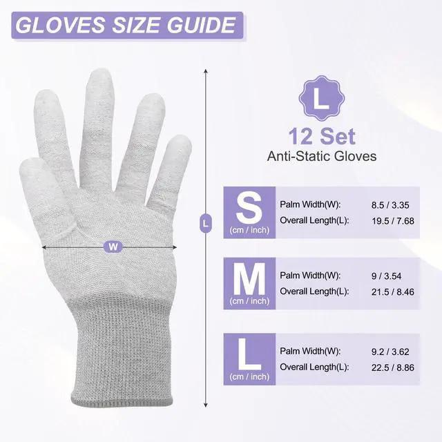 Alt view image 2 of 6 - 12Set ESD Anti-Static Gloves Electrostatic Protective Gloves Coated Fingertip Grey Carbon Fiber Large Size for Computer Installation, Building & Repair, Gray