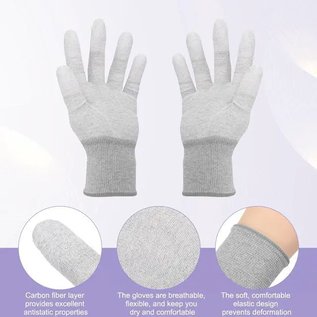 Alt view image 3 of 6 - 12Set ESD Anti-Static Gloves Electrostatic Protective Gloves Coated Fingertip Grey Carbon Fiber Large Size for Computer Installation, Building & Repair, Gray