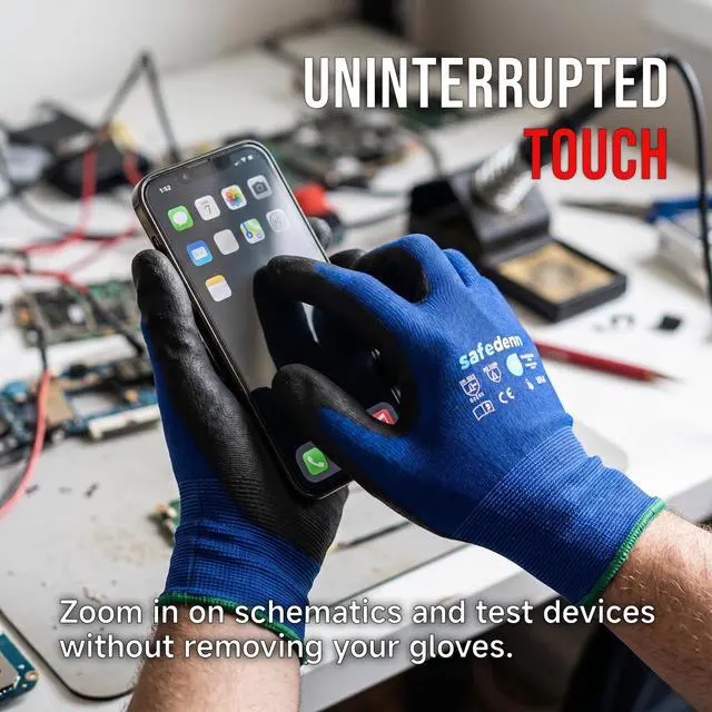 Alt view image 3 of 6 - Touchscreen ESD Work Gloves 6 Pairs with PU Grip, Blue, Size L