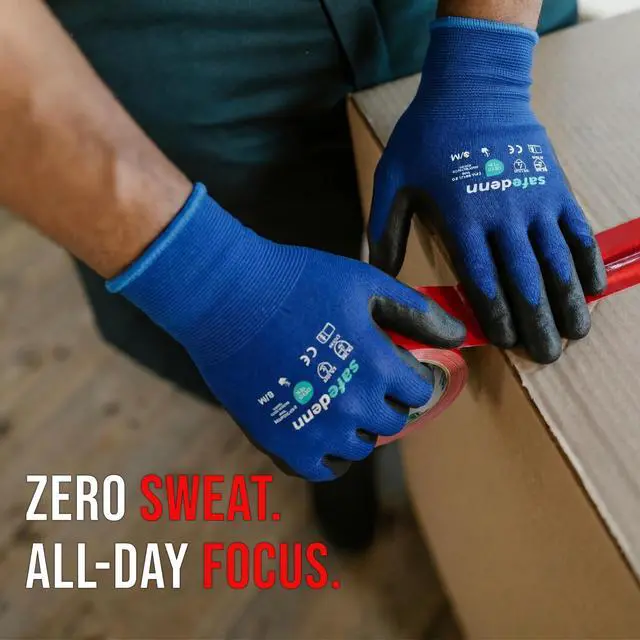 Alt view image 6 of 6 - Touchscreen ESD Work Gloves 6 Pairs with PU Grip, Blue, Size L