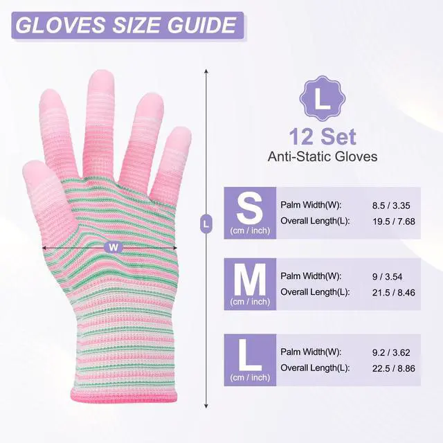 Alt view image 2 of 6 - 12Set ESD Anti-Static Gloves Electrostatic Protective Gloves with PU Fingertips Medium Size for Computer Installation, Building & Repair, Pink