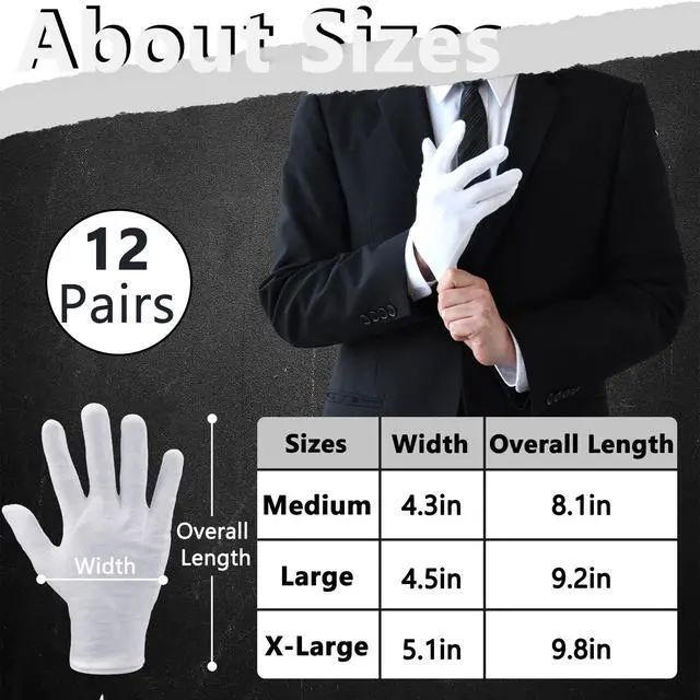 Alt view image 2 of 7 - 12 Pairs White Cotton Gloves Soft Cloth Dust Hand Gloves Work for Men Women Art Crafting Handling, Eczema, BBQ, Coin Jewelry Watch Inspection, Dry Hands Sleeping, Archival, Large