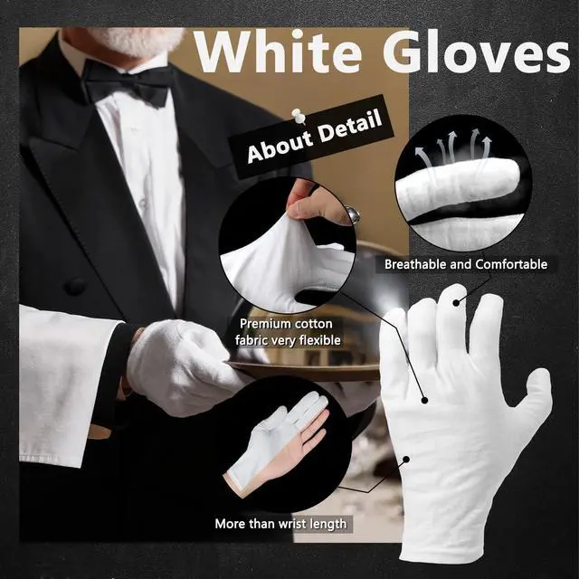 Alt view image 3 of 7 - 12 Pairs White Cotton Gloves Soft Cloth Dust Hand Gloves Work for Men Women Art Crafting Handling, Eczema, BBQ, Coin Jewelry Watch Inspection, Dry Hands Sleeping, Archival, Large