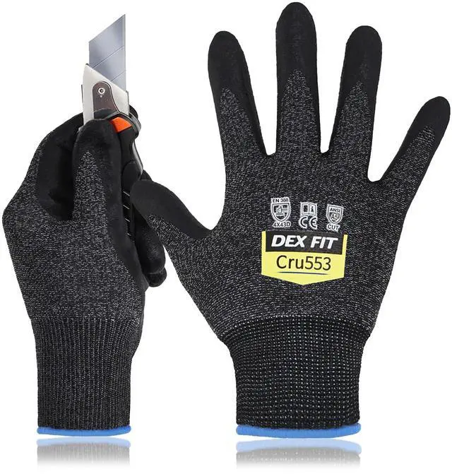 Main image of Level 5 Cut Resistant Gloves Cru553 Anti-Static, 3D Comfort Fit A5 Safety Work Gloves with Grip, Thin Touchscreen Gloves for Warehouse, Package Handling, Glass Handling, BlackGray, L, 1 Pair