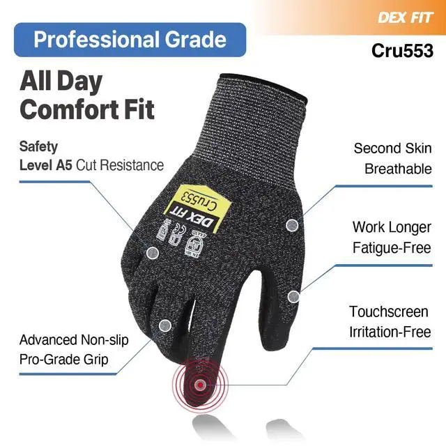Alt view image 4 of 7 - Level 5 Cut Resistant Gloves Cru553 Anti-Static, 3D Comfort Fit A5 Safety Work Gloves with Grip, Thin Touchscreen Gloves for Warehouse, Package Handling, Glass Handling, BlackGray, L, 1 Pair
