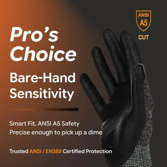 Alt view image 2 of 7 - Level 5 Cut Resistant Gloves Cru553 Anti-Static, 3D Comfort Fit A5 Safety Work Gloves with Grip, Thin Touchscreen Gloves for Warehouse, Package Handling, Glass Handling, BlackGray, L, 1 Pair