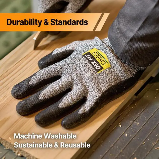 Alt view image 6 of 7 - Level 5 Cut Resistant Gloves Cru553 Anti-Static, 3D Comfort Fit A5 Safety Work Gloves with Grip, Thin Touchscreen Gloves for Warehouse, Package Handling, Glass Handling, BlackGray, L, 1 Pair