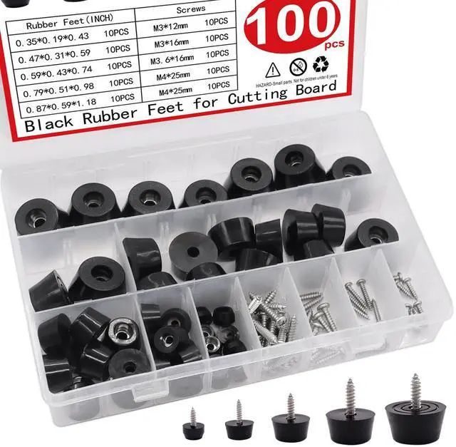 Main image of 100PCS(5 Sizes) Rubber Feet for Cutting Board, Built-in Stainless Steel Washer and Screws, Non-Slip Rubber Feet for Furniture, Electronics, Tables, Sofas