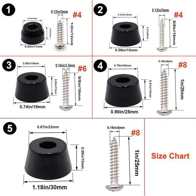 Alt view image 3 of 7 - 100PCS(5 Sizes) Rubber Feet for Cutting Board, Built-in Stainless Steel Washer and Screws, Non-Slip Rubber Feet for Furniture, Electronics, Tables, Sofas