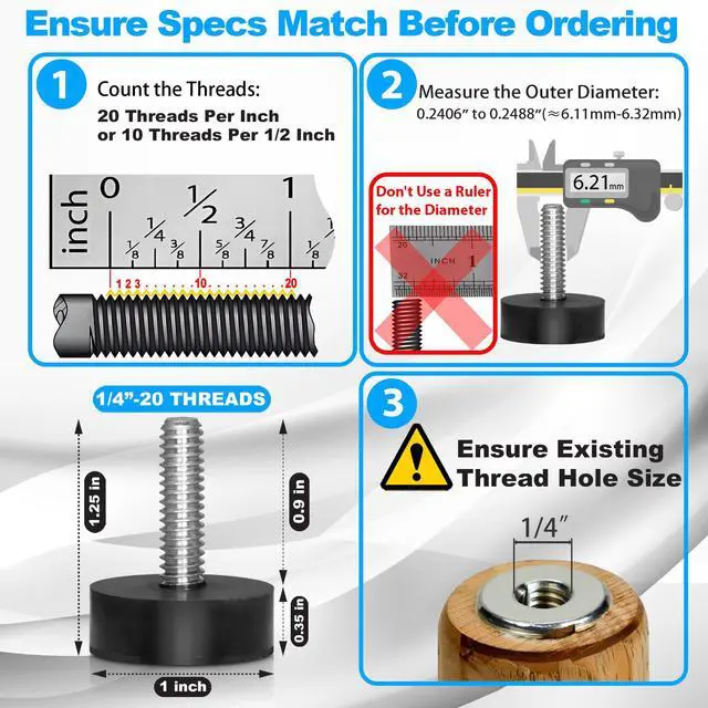 Alt view image 2 of 7 - 12PK Rubber 1/4"-20 Leveling Feet, Adjustable Levelers with Inserts