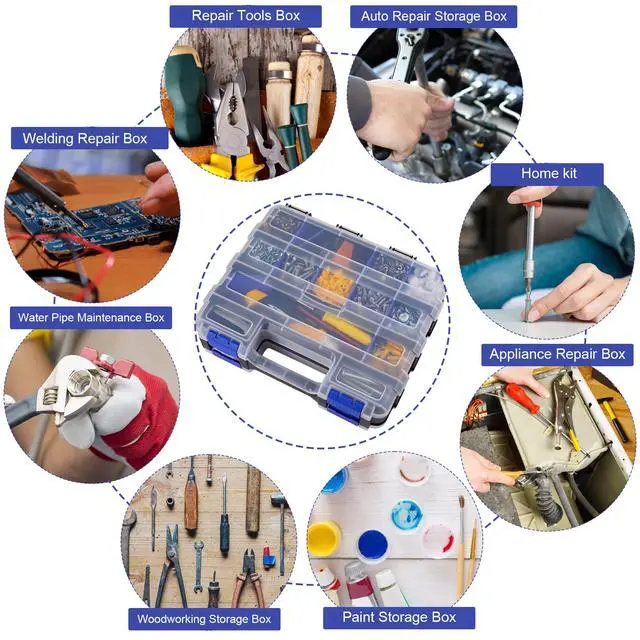 Alt view image 2 of 7 - Small Parts Storage Case Tools Box Organizer Double Side 34 Compartments Hardware Organizers with Removable Plastic Dividers for Screws Nuts Nails Bolts
