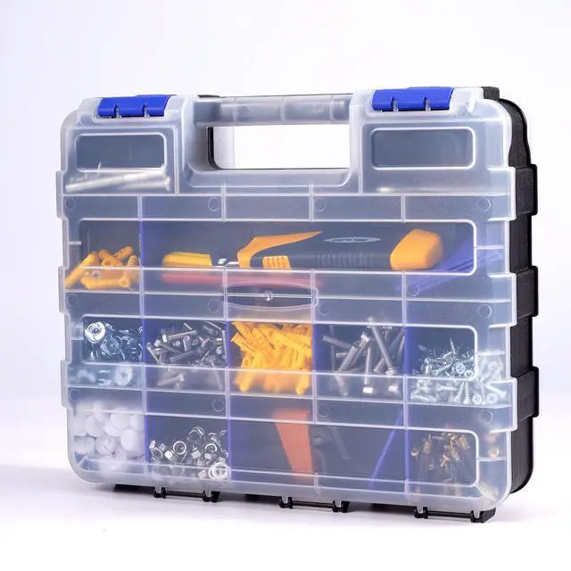 Alt view image 7 of 7 - Small Parts Storage Case Tools Box Organizer Double Side 34 Compartments Hardware Organizers with Removable Plastic Dividers for Screws Nuts Nails Bolts